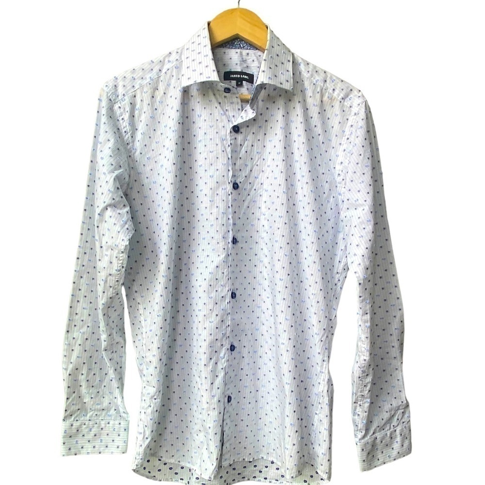Jared‎ Lang White Blue Textured Dress Causal Button Down Shirt